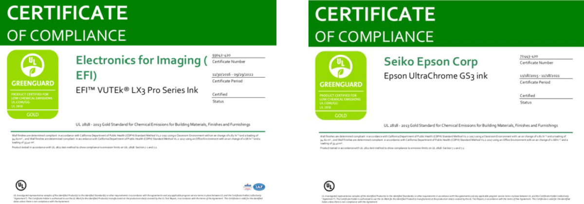 Two certificates showing Efi Vutek and Epson Inks compliance